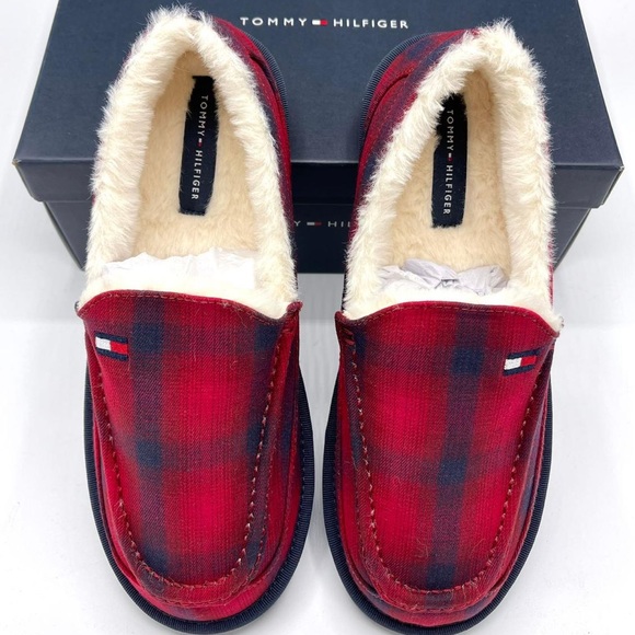 Tommy Hilfiger Slippers Mens Comfort Faux Fur Lined Mocassin Plaid Red Wicky New - Picture 6 of 11